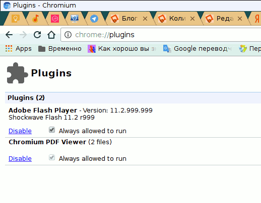 Скриншот страницы плагинов браузера Chromium